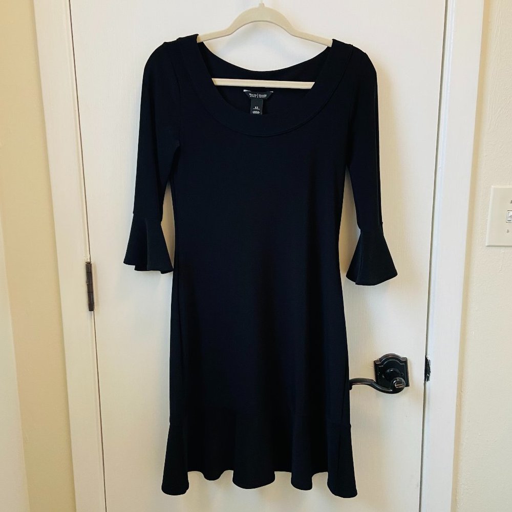 WHITE HOUSE BLACK MARKET Stretch Black Dress with Ruffled Hem & 3/4 Bell Sleeves